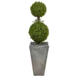 Kirkland's Home Double Ball Boxwood Topiary In River Rock Planter- Trees & Topiaries