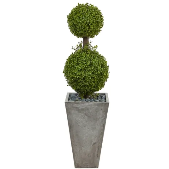 Kirkland's Home Double Ball Boxwood Topiary In River Rock Planter- Trees & Topiaries