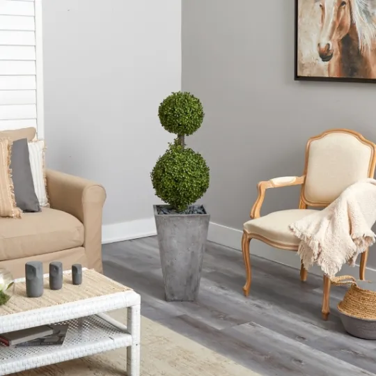 Kirkland's Home Double Ball Boxwood Topiary In River Rock Planter- Trees & Topiaries
