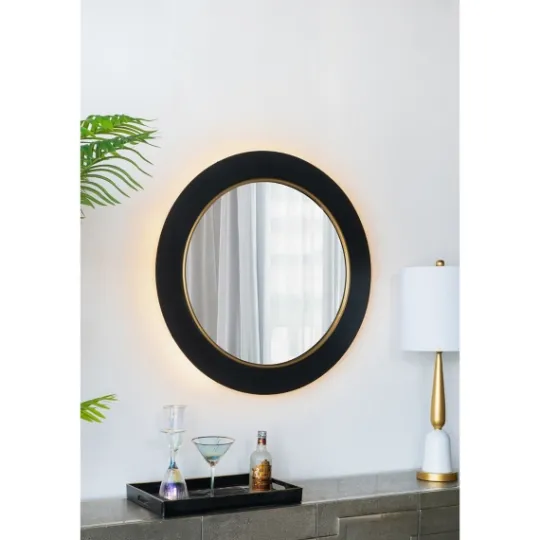 Kirkland's Home Drew Ii Black And Gold Round Led Mirror- Decorative Mirrors