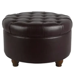 Kirkland's Home Faux Leather Tufted Round Storage Ottoman- Benches & Ottomans
