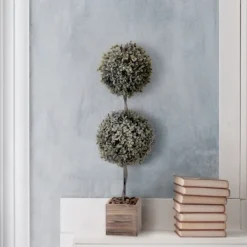 Kirkland's Home Flocked Double Ball Boxwood Bush In Wood Box- Trees & Topiaries