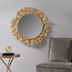 Kirkland's Home Gold Foil Leaf Framed Round Wall Mirror- Decorative Mirrors