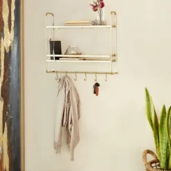 Kirkland's Home Gold Iron Frame Wall Shelf With Hooks- Wall Storage