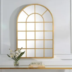Kirkland's Home Gold Leaf Metal Windowpane Arch Frame Mirror- Decorative Mirrors