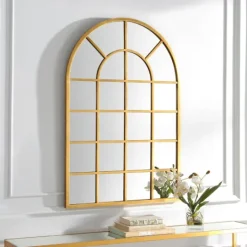 Kirkland's Home Gold Leaf Metal Windowpane Arch Frame Mirror- Decorative Mirrors