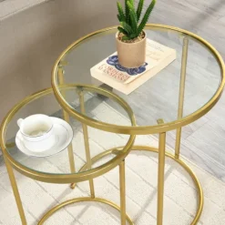 Kirkland's Home Gold Metal And Glass Nesting 2-Pc Accent Table Set- Accent & End Tables
