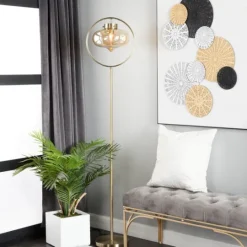 Kirkland's Home Gold Metal C-Curve Arch Arm Glass Shade Floor Lamp- Floor Lamps