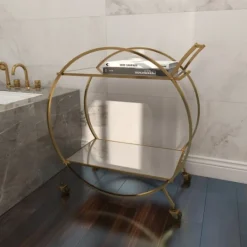 Kirkland's Home Gold Metal Circular Bar Cart- Kitchen Islands & Bar Carts