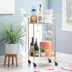 Kirkland's Home Gold Metal Frame Bar Cart With Mirrored Shelves- Kitchen Islands & Bar Carts