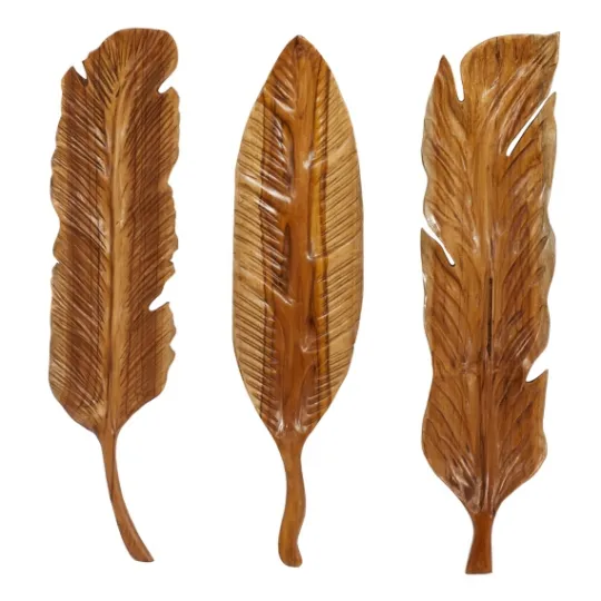 Kirkland's Home Gold Teak Carved Feather Wall Plaques, Set Of 3- Wall Plaques