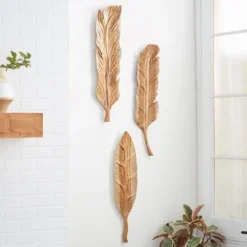 Kirkland's Home Gold Teak Carved Feather Wall Plaques, Set Of 3- Wall Plaques