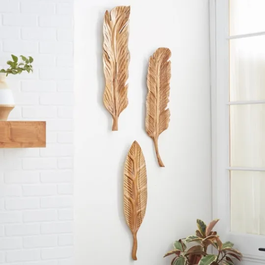 Kirkland's Home Gold Teak Carved Feather Wall Plaques, Set Of 3- Wall Plaques