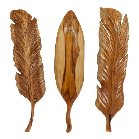 Kirkland's Home Gold Teak Carved Feather Wall Plaques, Set Of 3- Wall Plaques