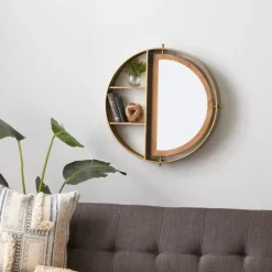 Kirkland's Home Golden Floating Shelf With Half-Moon Mirror- Shelves
