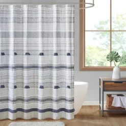 Kirkland's Home Gray And Navy Striped Fringe Shower Curtain- Shower Curtains