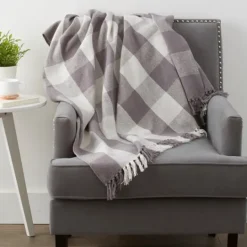 Kirkland's Home Gray And White Buffalo Check Woven Fringe Throw- Blankets & Throws