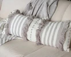 Kirkland's Home Gray And White Striped Fringe Lumbar Pillow- Pillows