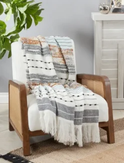 Kirkland's Home Gray Blue Multi Stripe Throw Blanket- Blankets & Throws
