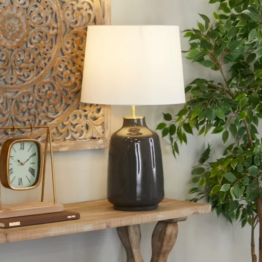 Kirkland's Home Gray Ceramic Base Gold Accent Table Lamp- Table Lamps