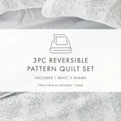 Kirkland's Home Gray Damask Reversible 3-Pc. King Quilt Set- Quilts