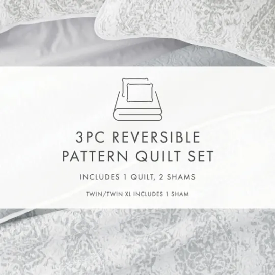 Kirkland's Home Gray Damask Reversible 3-Pc. King Quilt Set- Quilts