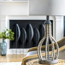 Kirkland's Home Gray Iron And Rattan Beaded Table Lamp- Table Lamps