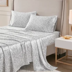 Kirkland's Home Gray Leopard Print Satin 4-Pc. Queen Sheet Set- Bed Sheets