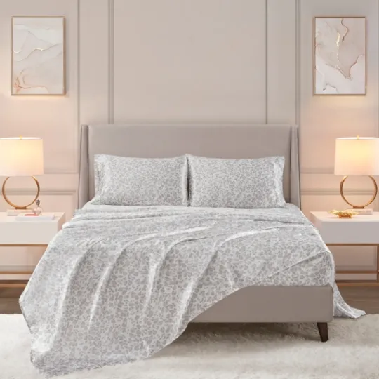 Kirkland's Home Gray Leopard Print Satin 3-Pc. Twin Sheet Set- Bed Sheets