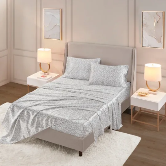 Kirkland's Home Gray Leopard Print Satin 3-Pc. Twin Sheet Set- Bed Sheets
