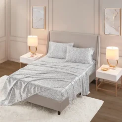 Kirkland's Home Gray Leopard Print Satin 4-Pc. Full Sheet Set- Bed Sheets