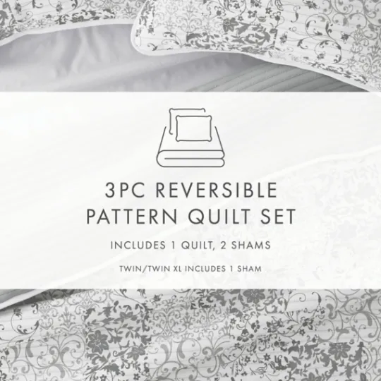 Kirkland's Home Gray Patchwork Reversible 3-Pc. King Quilt Set- Quilts