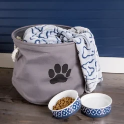 Kirkland's Home Gray Paw Print Round Basket With Handles- Baskets & Boxes