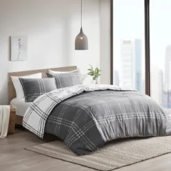 Kirkland's Home Gray Plaid Reversible 3-Pc. King Duvet Cover Set- Duvets