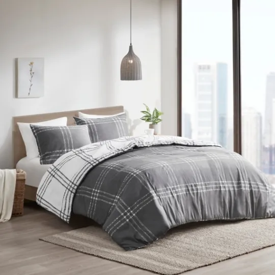 Kirkland's Home Gray Plaid Reversible 3-Pc. King Duvet Cover Set- Duvets