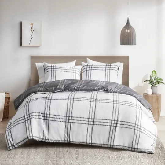 Kirkland's Home Gray Plaid Reversible 3-Pc. King Duvet Cover Set- Duvets