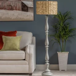 Kirkland's Home Gray Resin Floor Lamp With Hand Woven Raffia Shade- Floor Lamps