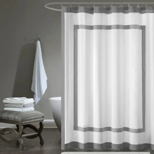 Kirkland's Home Gray Square Trim Cotton Shower Curtain- Shower Curtains