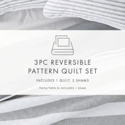 Kirkland's Home Gray Striped Reversible 3-Pc. King Quilt Set- Quilts
