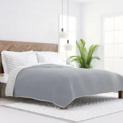 Kirkland's Home Gray Striped Reversible 3-Pc. Queen Quilt Set- Quilts