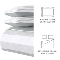 Kirkland's Home Gray Striped Reversible 3-Pc. Queen Quilt Set- Quilts