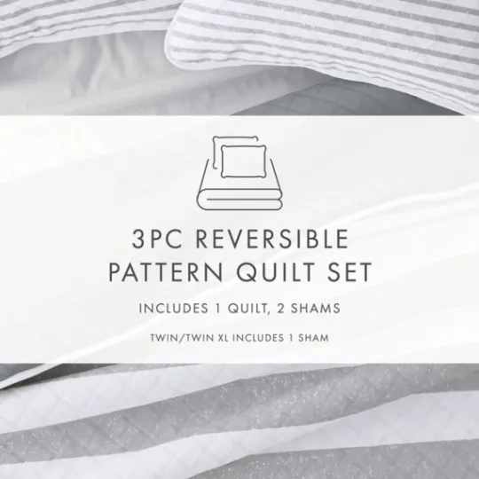 Kirkland's Home Gray Striped Reversible 3-Pc. Queen Quilt Set- Quilts