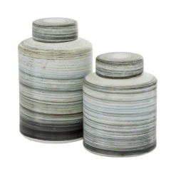 Kirkland's Home Gray Striped Stoneware Jars With Lids, Set Of 2- Decorative Bowls & Jars