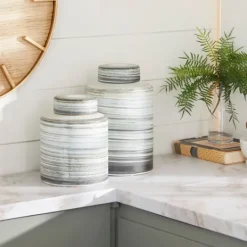 Kirkland's Home Gray Striped Stoneware Jars With Lids, Set Of 2- Decorative Bowls & Jars
