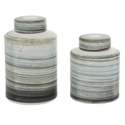 Kirkland's Home Gray Striped Stoneware Jars With Lids, Set Of 2- Decorative Bowls & Jars