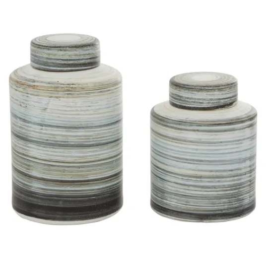 Kirkland's Home Gray Striped Stoneware Jars With Lids, Set Of 2- Decorative Bowls & Jars