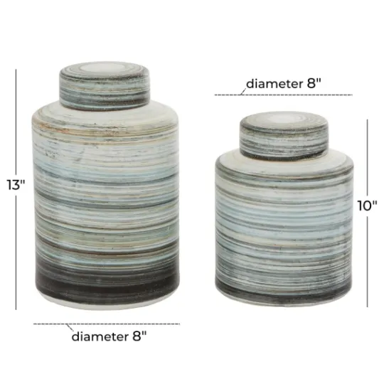 Kirkland's Home Gray Striped Stoneware Jars With Lids, Set Of 2- Decorative Bowls & Jars