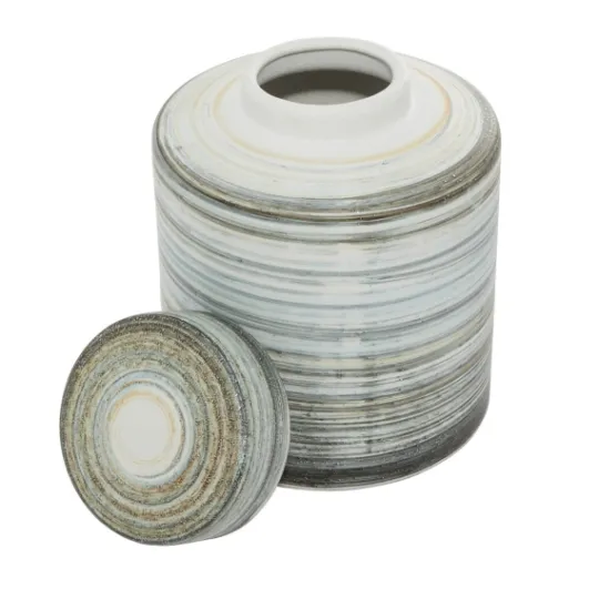 Kirkland's Home Gray Striped Stoneware Jars With Lids, Set Of 2- Decorative Bowls & Jars