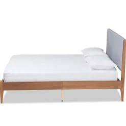 Kirkland's Home Gray Upholstered Brown Wood King Platform Bed- Beds & Headboards