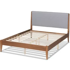 Kirkland's Home Gray Upholstered Brown Wood King Platform Bed- Beds & Headboards